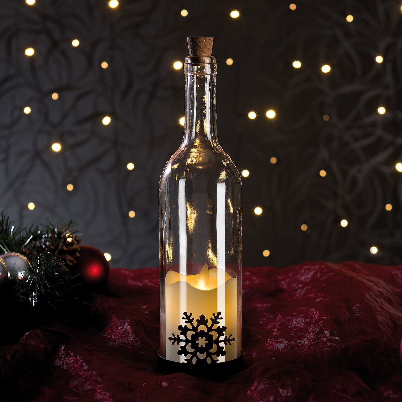 Lunartec Licht-Dekoration Deko-Glasflasche LED-Kerze Schneeflocke