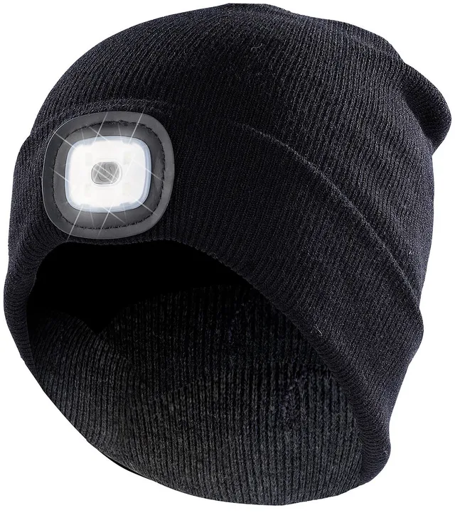Lunartec LED Mütze Kinder schwarz Strickmütze mit Licht 4 LEDs