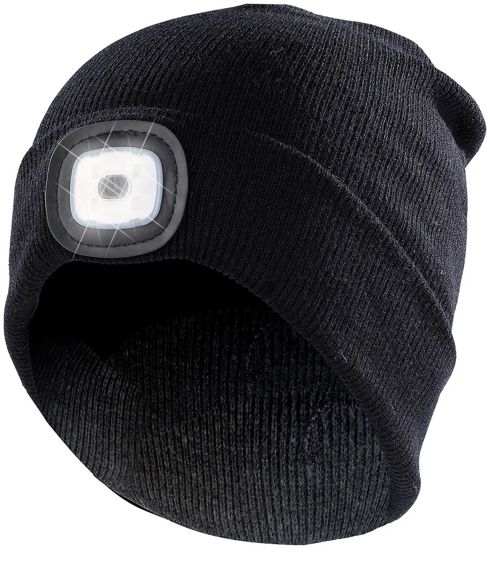 Lunartec LED Mütze Kinder schwarz Strickmütze mit Licht 4 LEDs