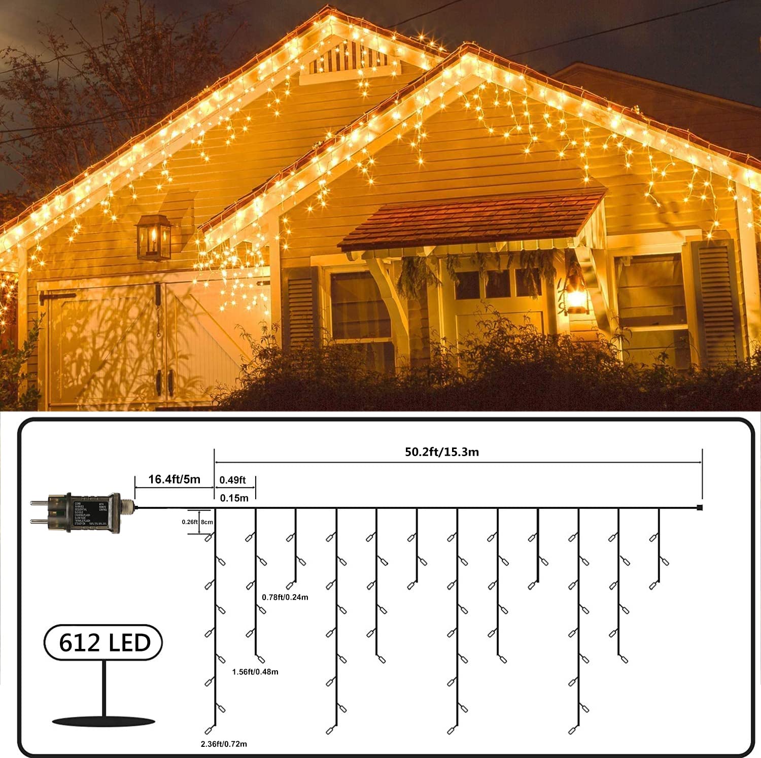 Qedertek Lighting Eisregen Lichterkette 15,3m 612 LED warmweiß