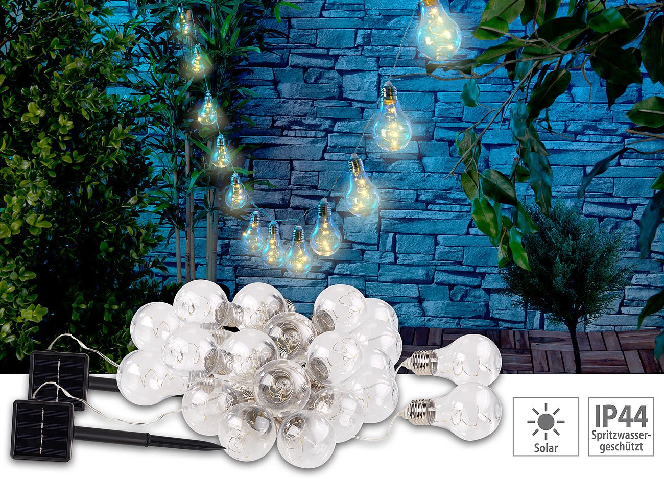 Lunartec Solar-Lichterkette Glühbirnen 2er-Set 8,5 m warmweiß