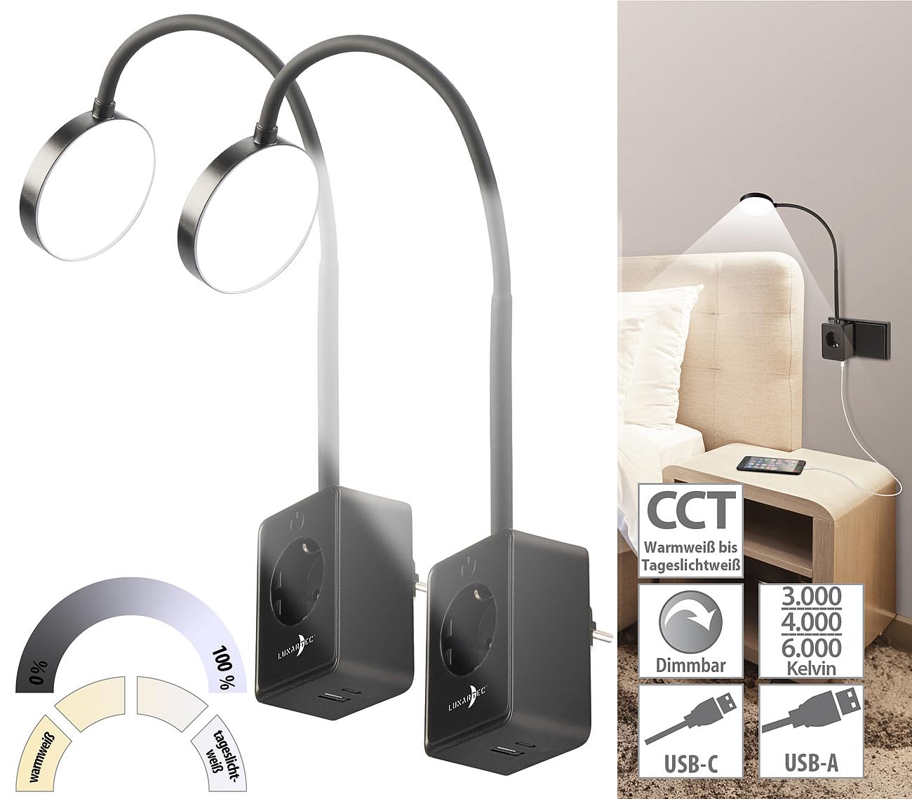 Lunartec Innenbeleuchtung Steckerleuchte 2er-Set schwarz mit USB