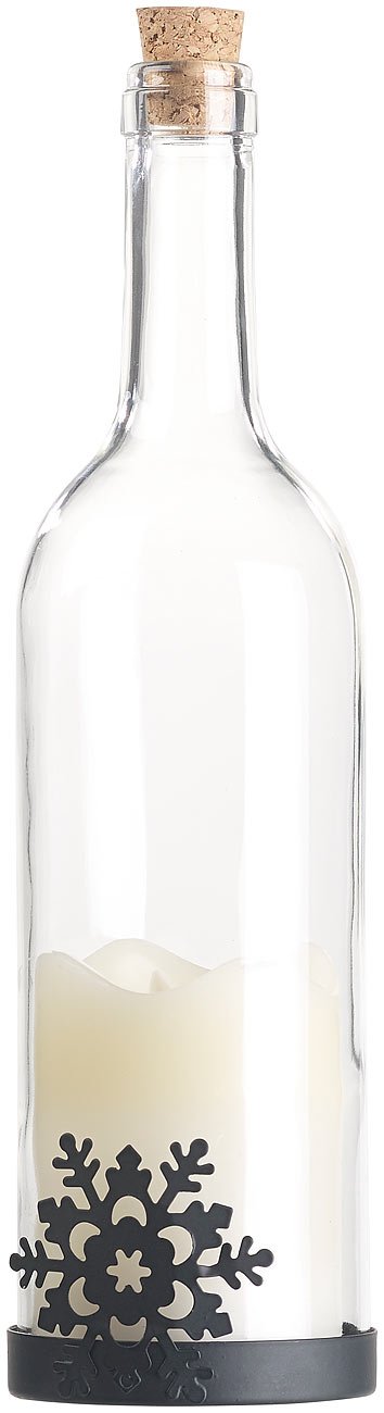Lunartec Licht-Dekoration Deko-Glasflasche LED-Kerze Schneeflocke