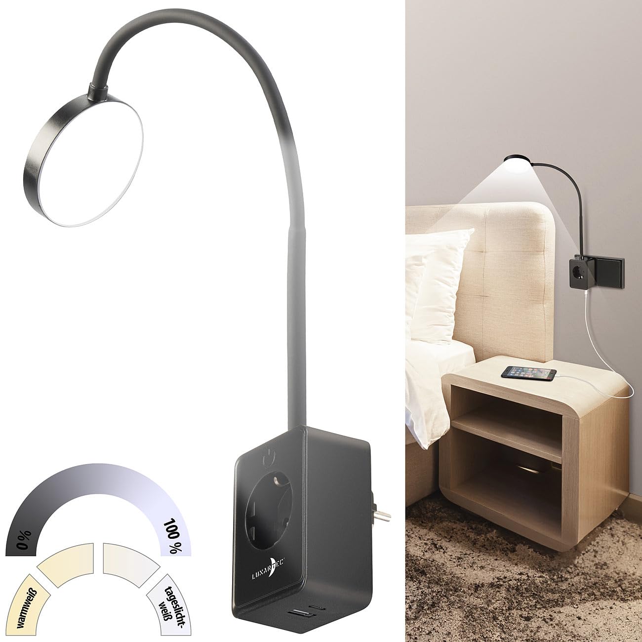 Lunartec Innenbeleuchtung Steckerleuchte LED dimmbar schwarz mit USB