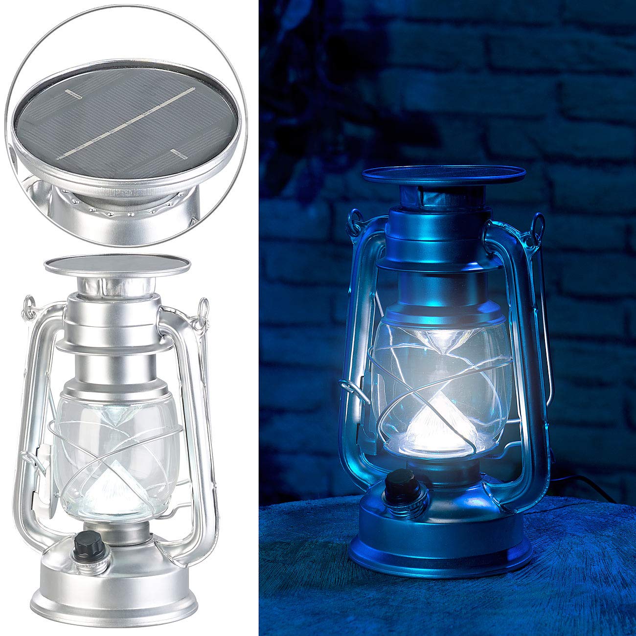 Lunartec Aussenbeleuchtung Solar-Laterne LED 200lm silbern 2er-Set