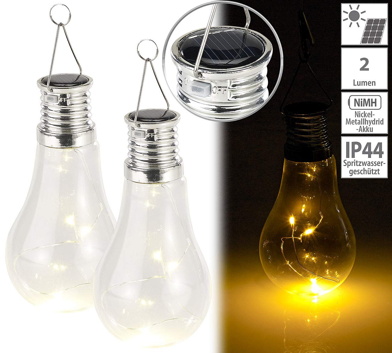 Lunartec Leuchtmittel Solar-Glühbirne warmweiß 2er-Set mit Haken
