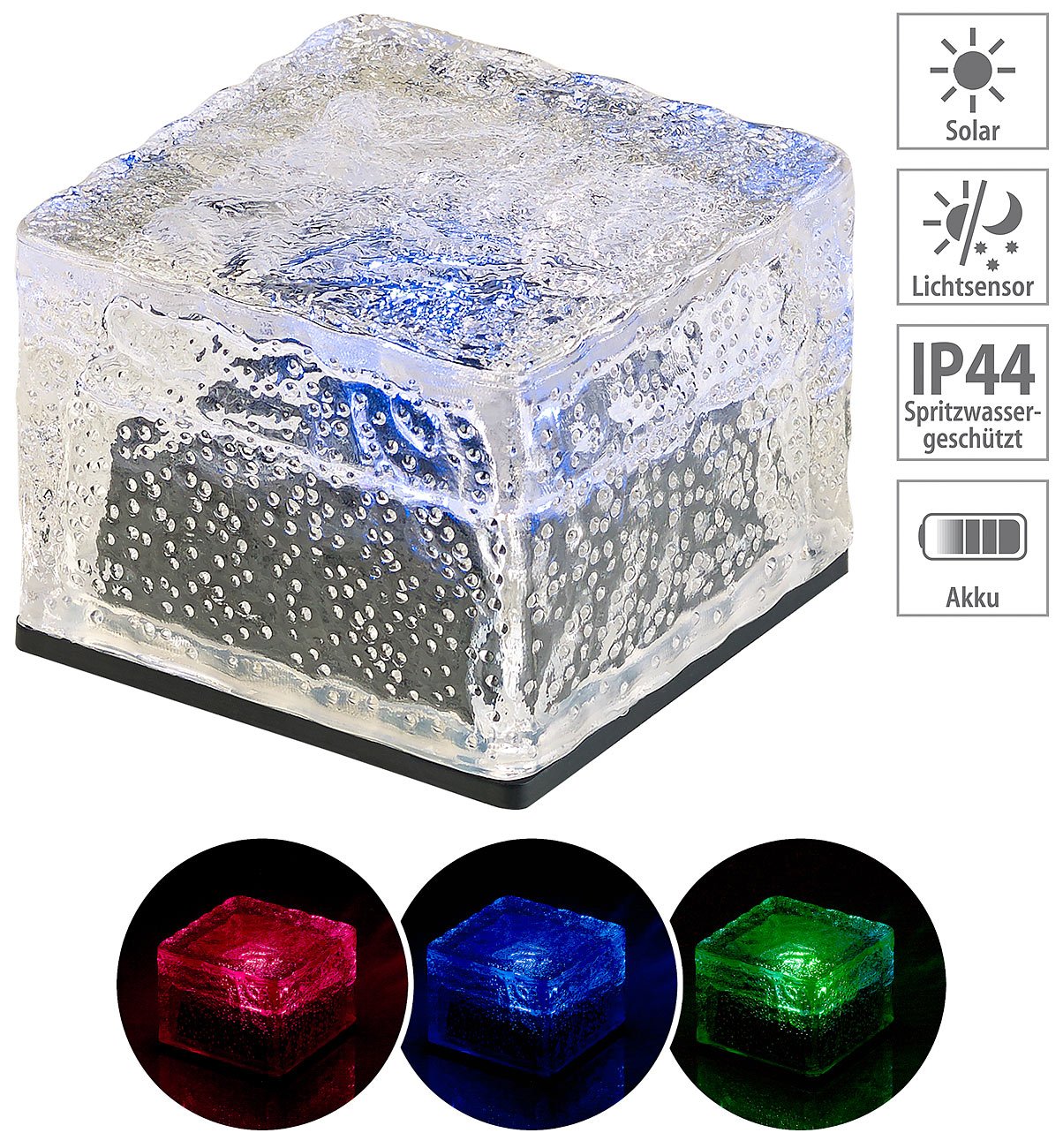 Lunartec Außenbeleuchtung Solar Glasbaustein RGB Leuchte IP44
