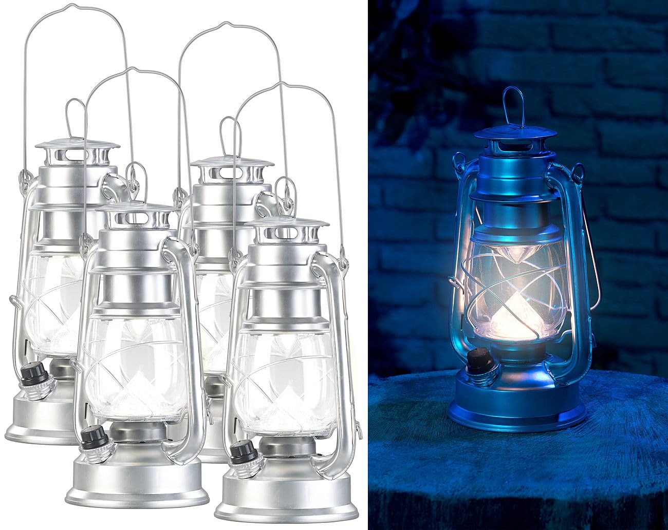 Lunartec Taschenlampen LED-Sturmlaterne Akku 4er-Set silbern tageslichtweiß
