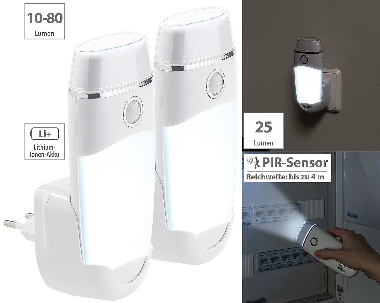 Lunartec Taschenlampen Notlicht 2er Set mit Akku Bewegungsmelder