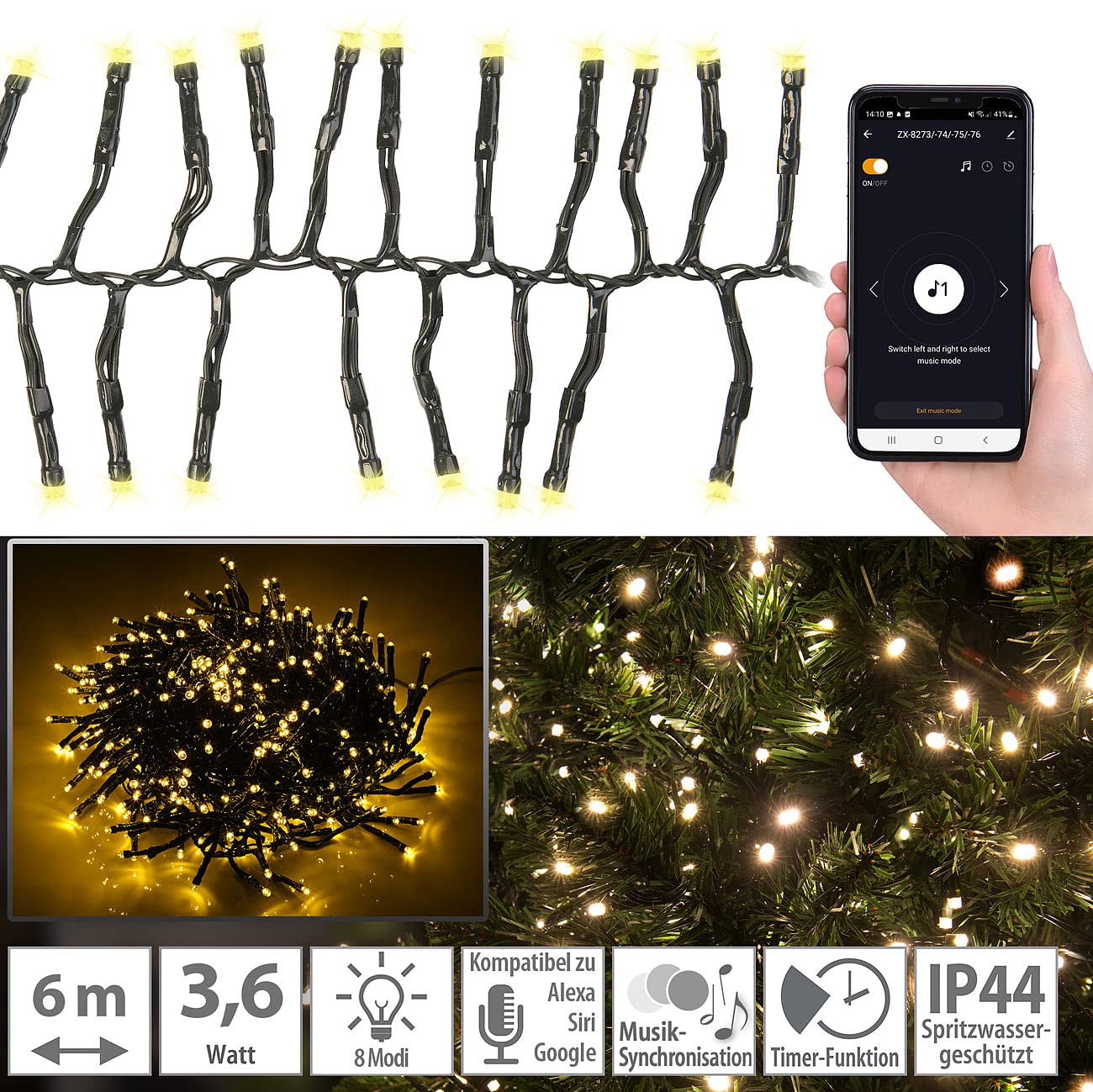 Lunartec Licht-Dekoration WLAN Büschel-Lichterkette 600 LED