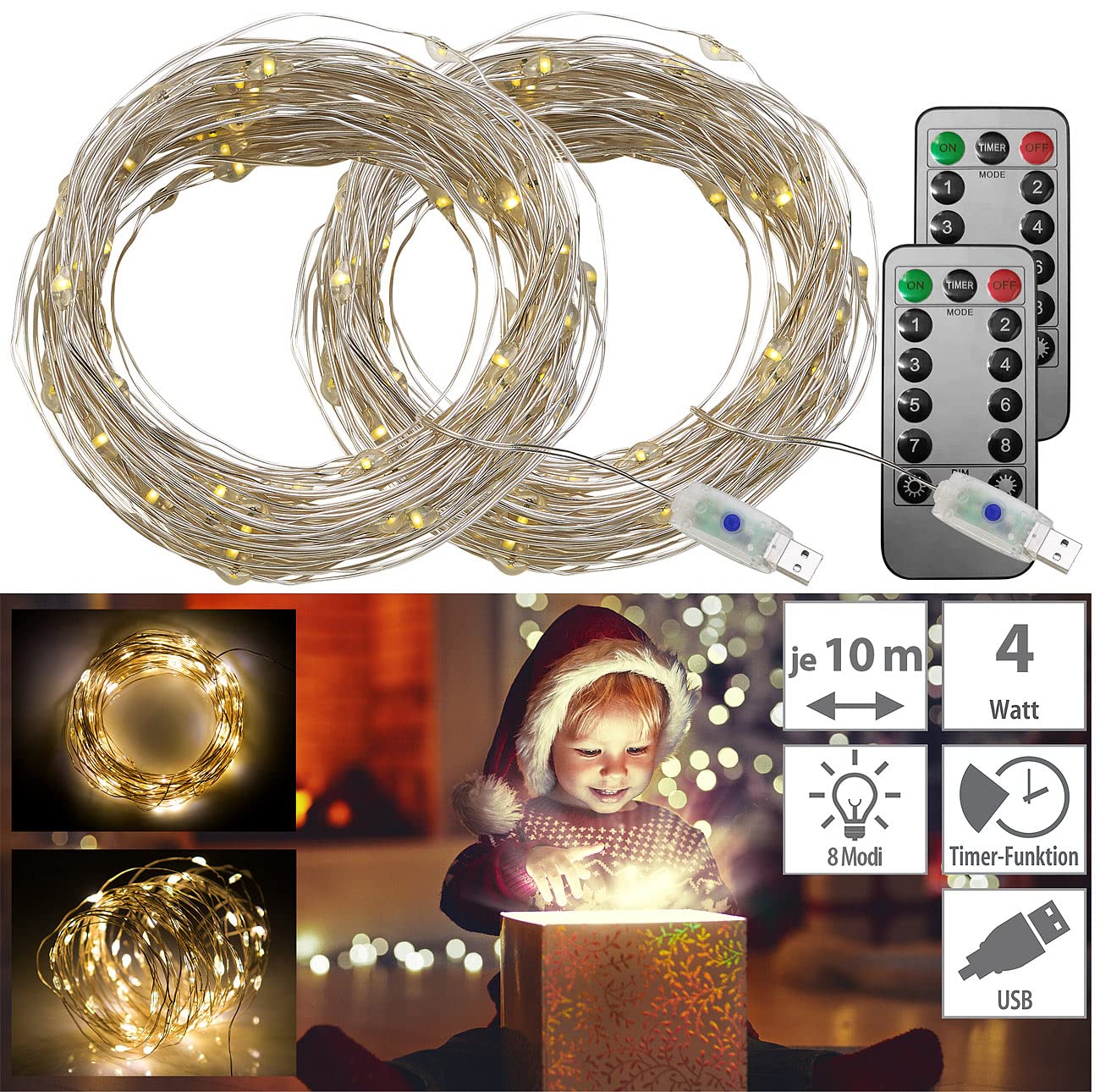 Lunartec Licht-Dekoration USB-Lichterkette 10 m 2er-Set warmweiß