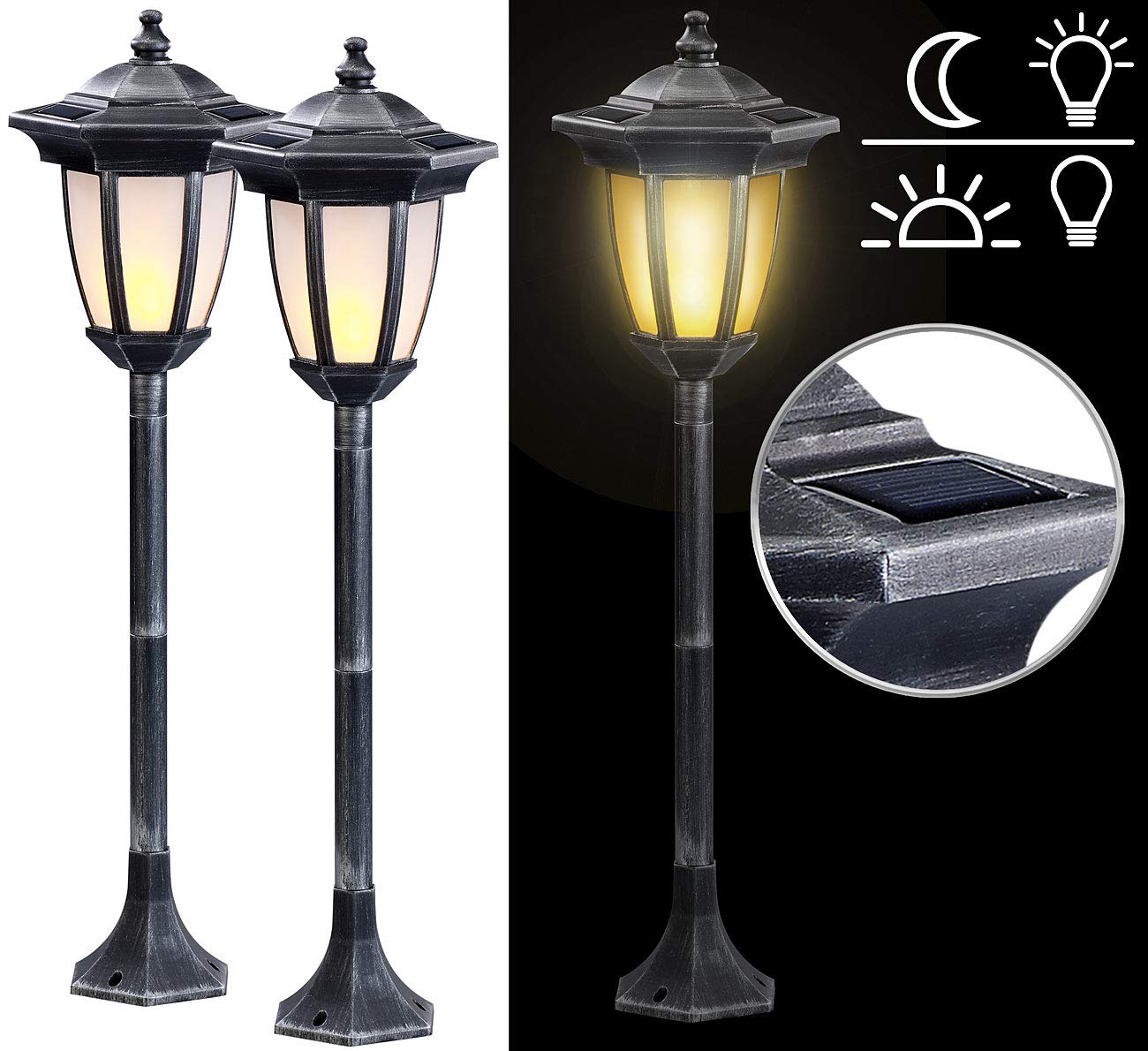 Lunartec Außenbeleuchtung Solar-Standlaterne 64 cm 2er-Set Flammeneffekt