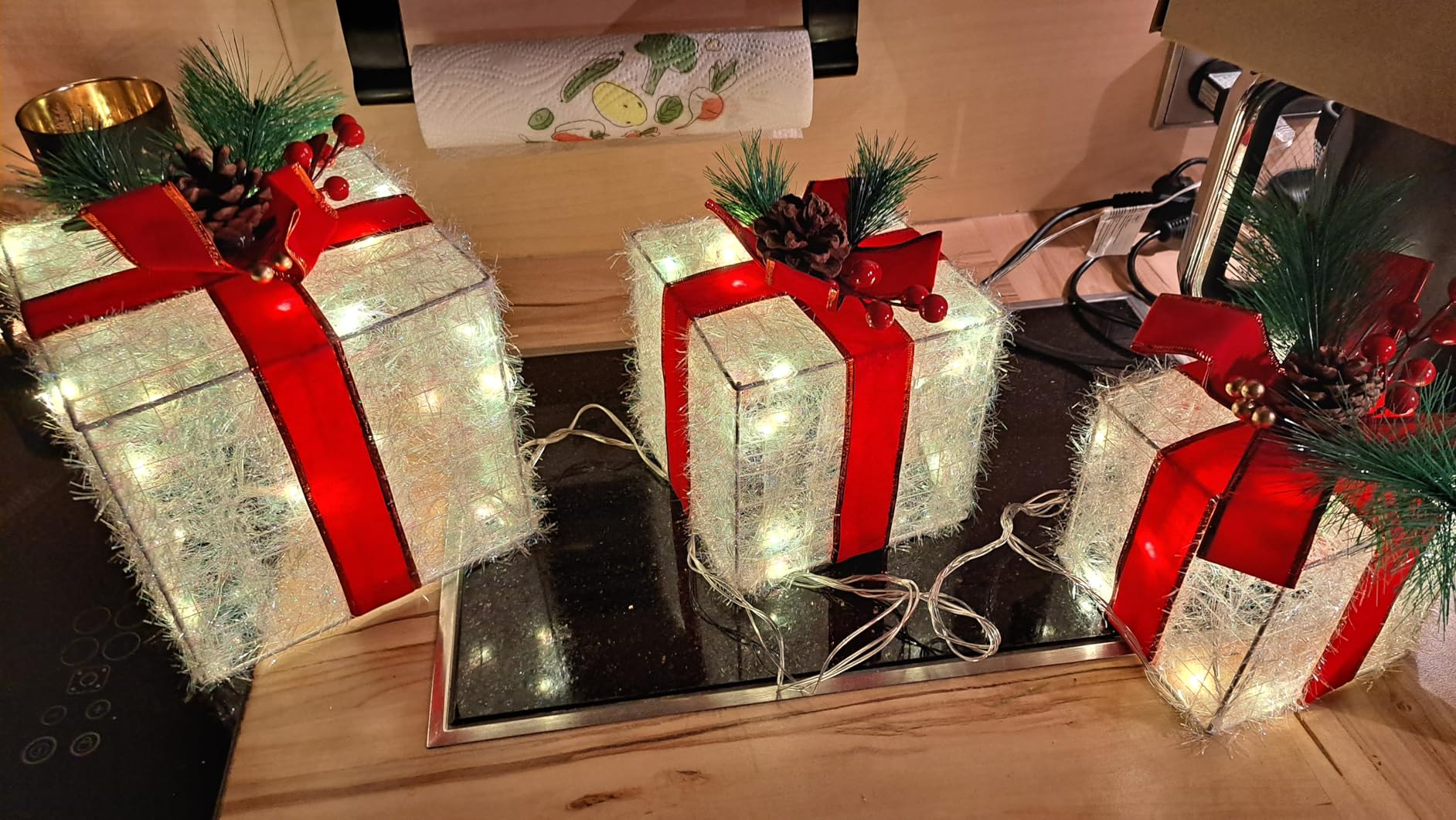 elktry LED Geschenkbox 3er Set silber mit Timer 140 LEDs