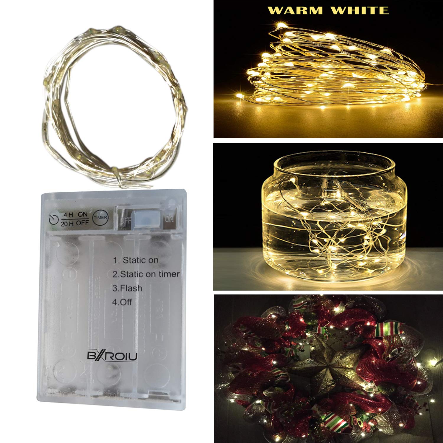 Bxroiu Lichterkette 20 LED warmweiß 2m 2er-Set Batterie
