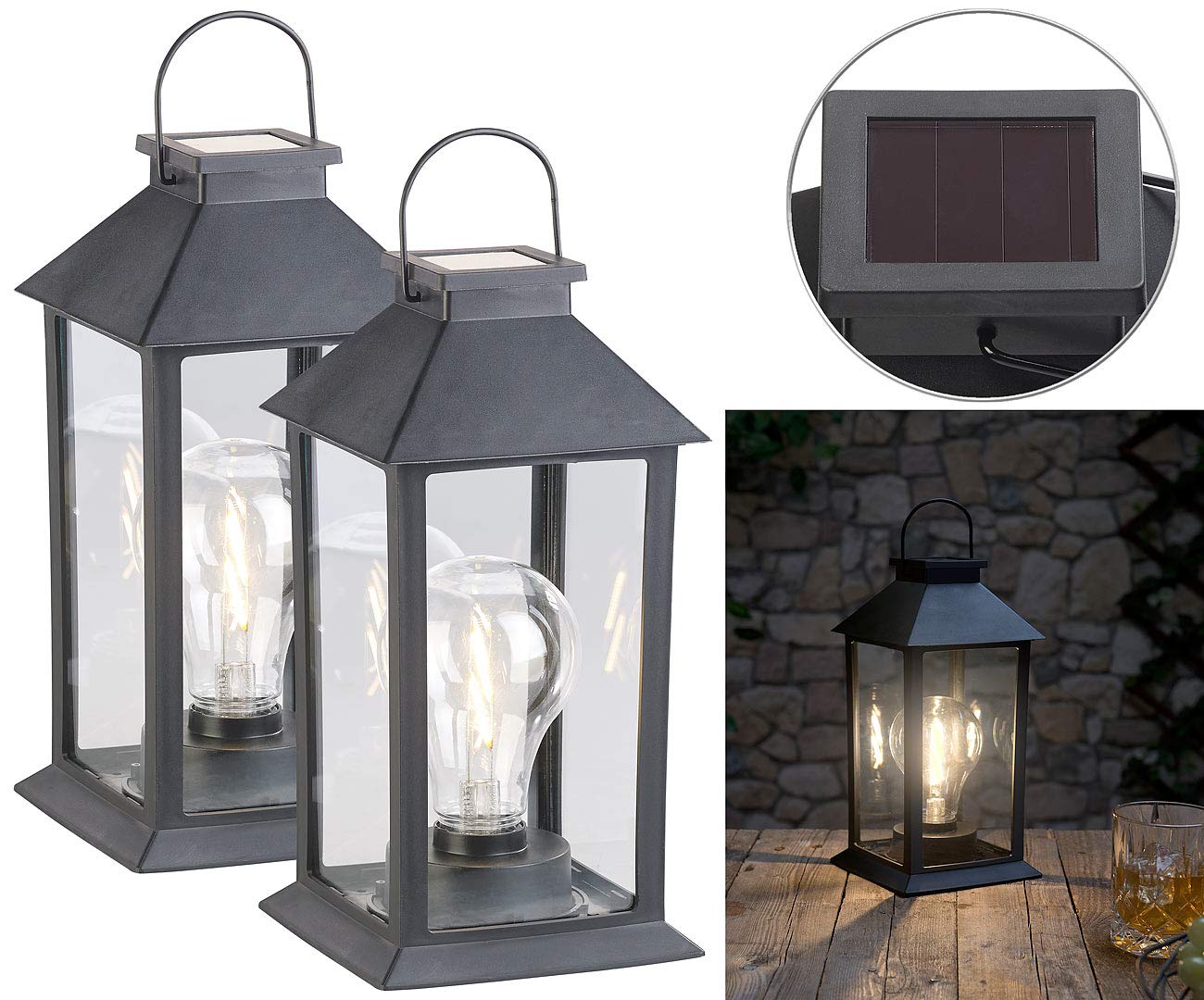 Lunartec Solar-Laterne LED warmweiß 2er-Set IP44