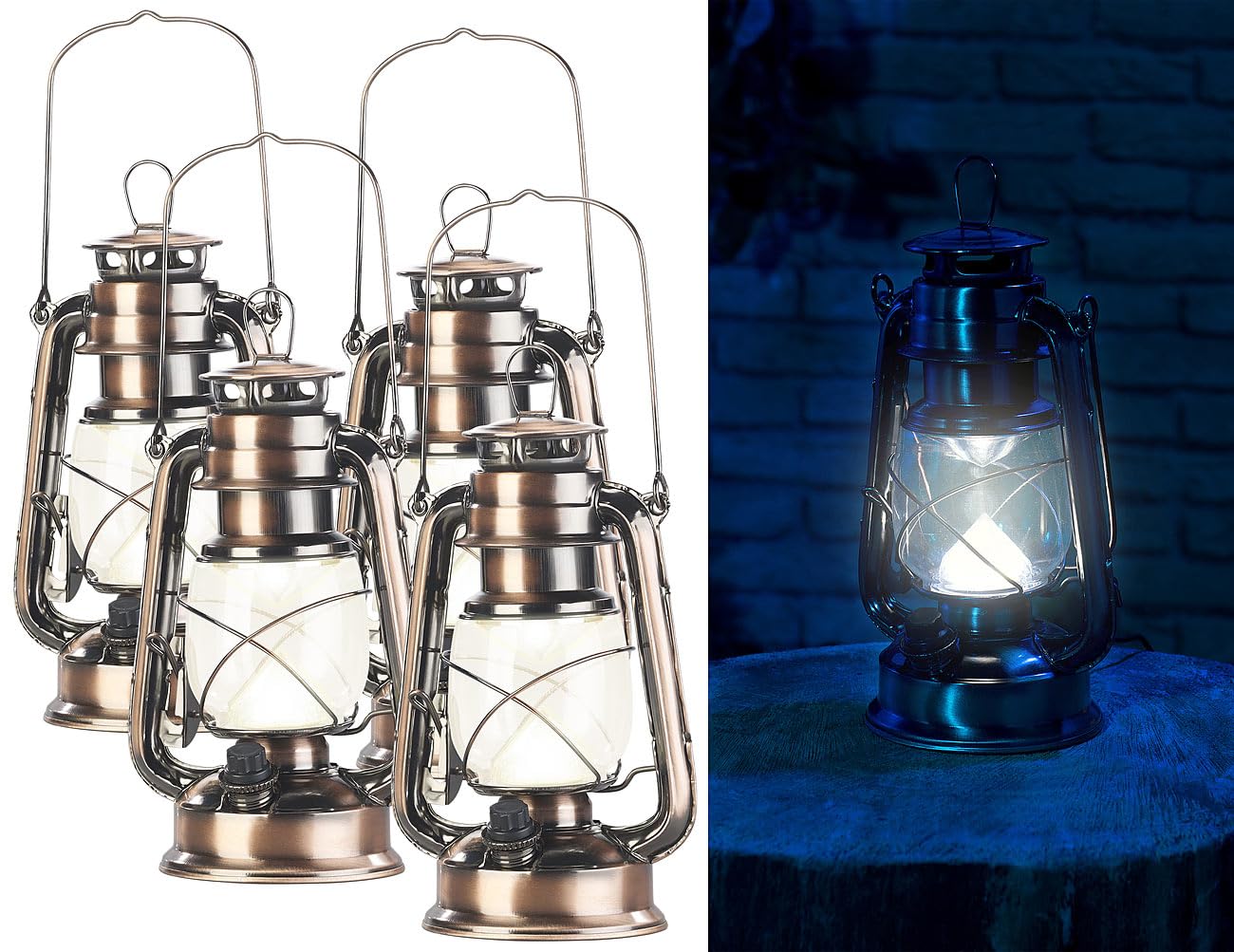 Lunartec Taschenlampen LED-Sturmlaterne Akku 4er-Set bronze warmweiß