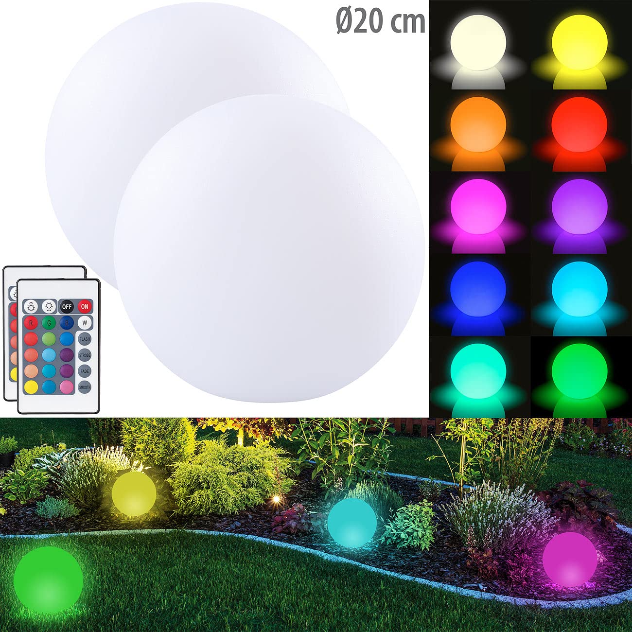 Lunartec Licht-Dekoration Akku-Leuchtkugeln 2er-Set Ø20cm RGBW