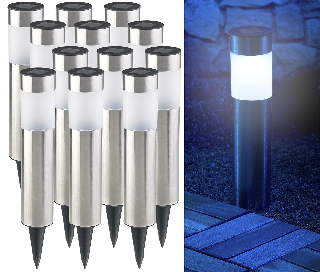 Lunartec Außenbeleuchtung Gartenlampe Solar 12er-Set Edelstahl IP44