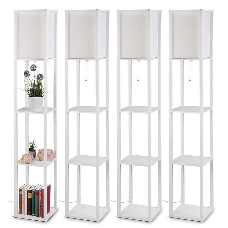 Lunartec Stehlampe Holz mit Regal weiß E27 4er-Set Stehleuchte