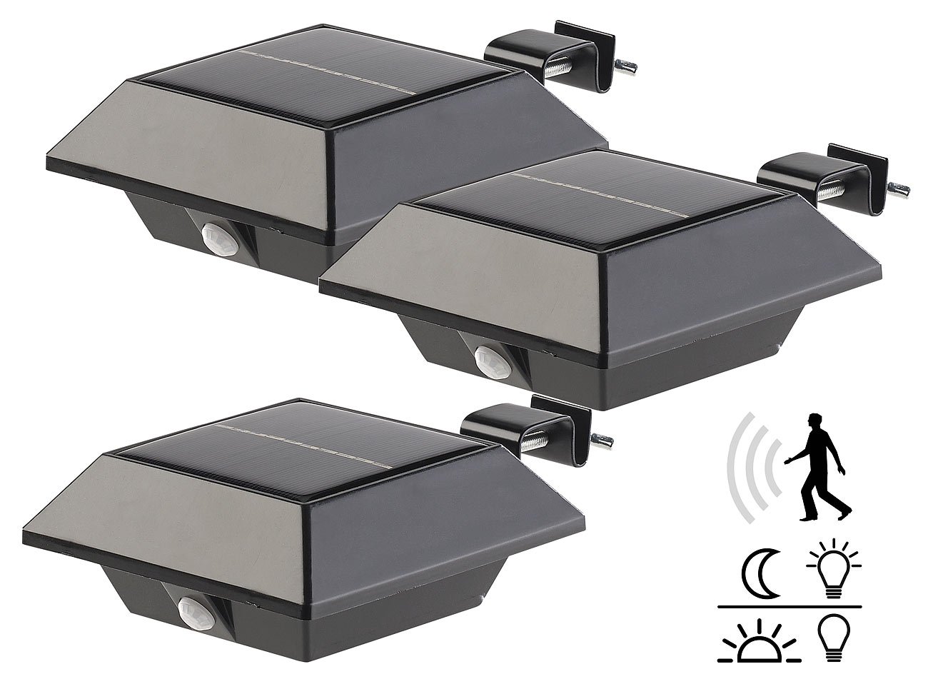 Lunartec Außenbeleuchtung Solar-Dachrinnenleuchte 160 lm 3er-Set mit Sensor