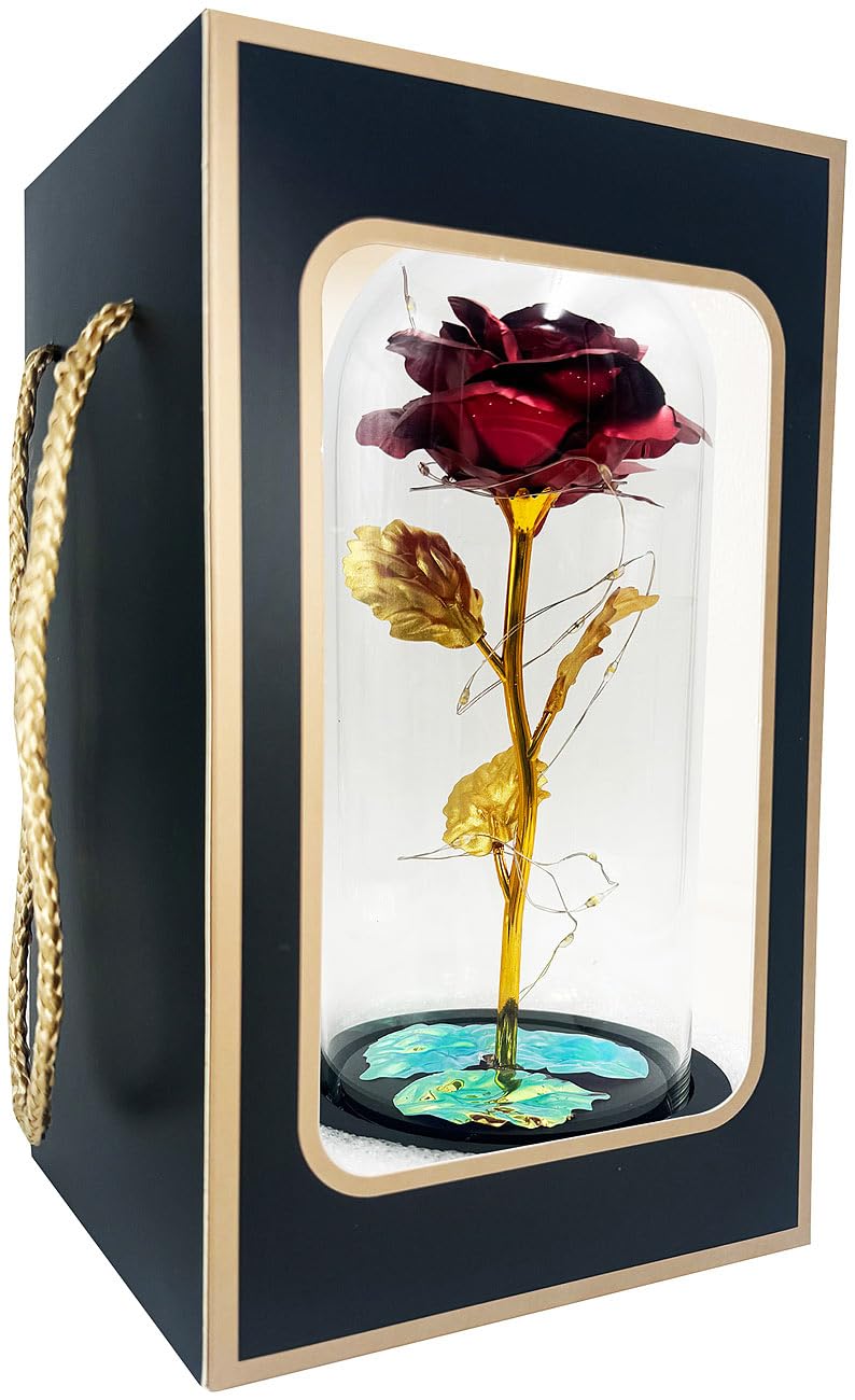 Lunartec Licht-Dekoration Goldene Rose unter Glas LED rot 21,5 cm