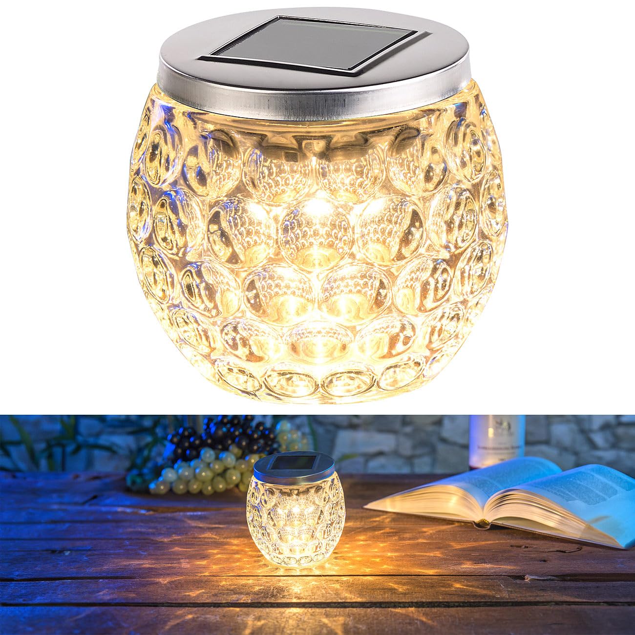 Lunartec Außenbeleuchtung Solar Tischlicht Glas warmweiß IP44
