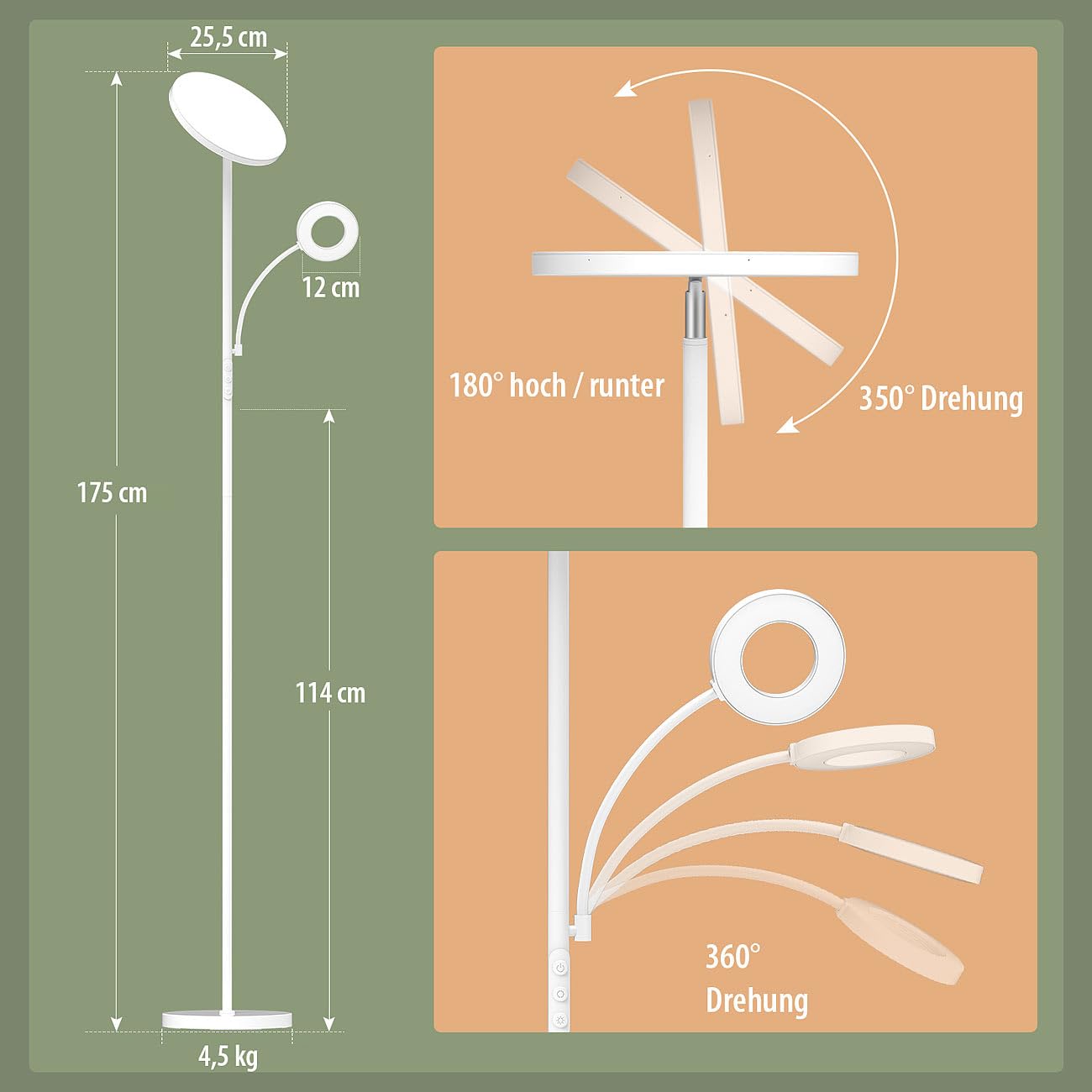 Lunartec Innenbeleuchtung LED-Stehlampe weiß 175 cm dimmbar
