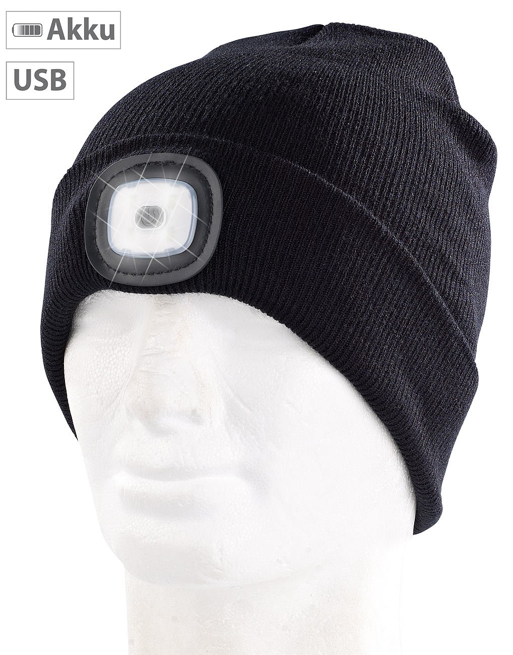 Lunartec LED-Mütze schwarz USB Strickmütze mit Licht