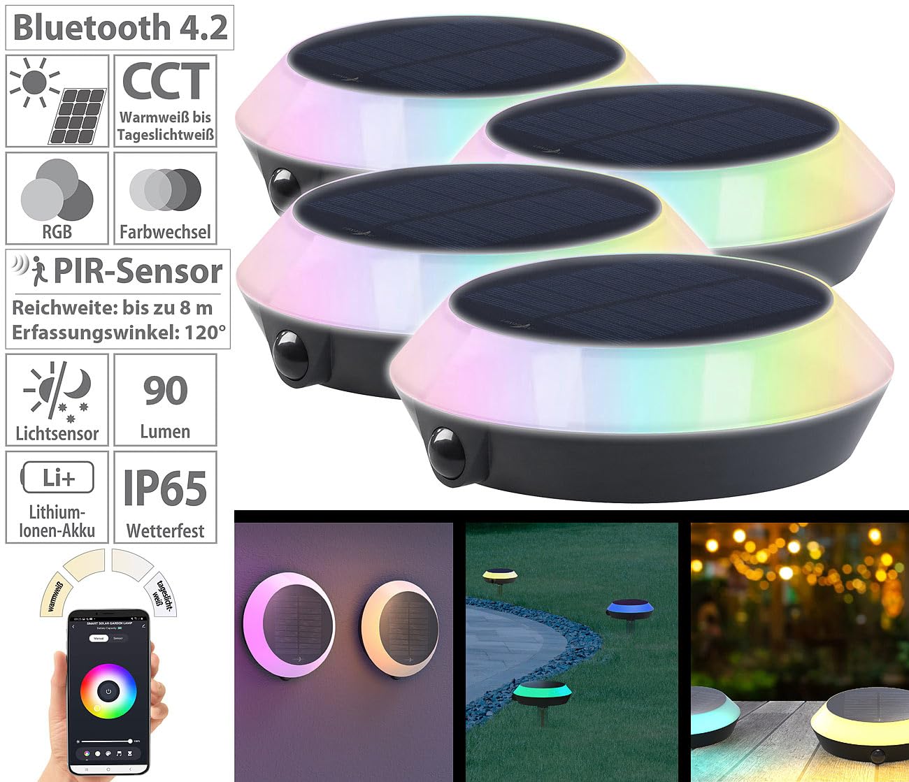 Lunartec Außenbeleuchtung Solarleuchte RGB-CCT 4er-Set App