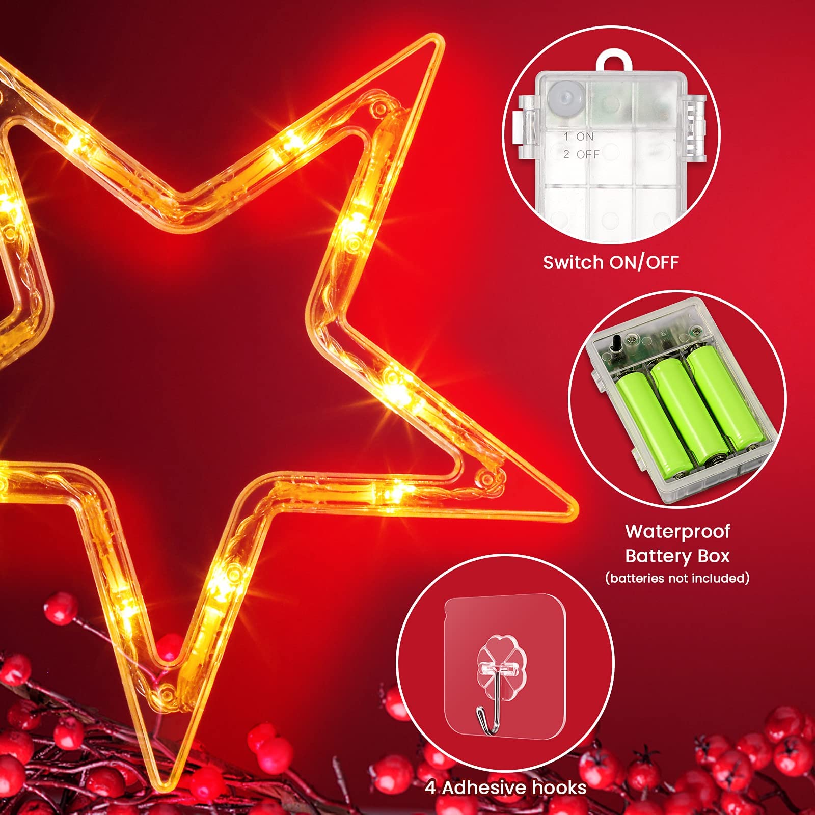 elktry Sterne Lichterkette 3 Sterne warmweiß Batterie