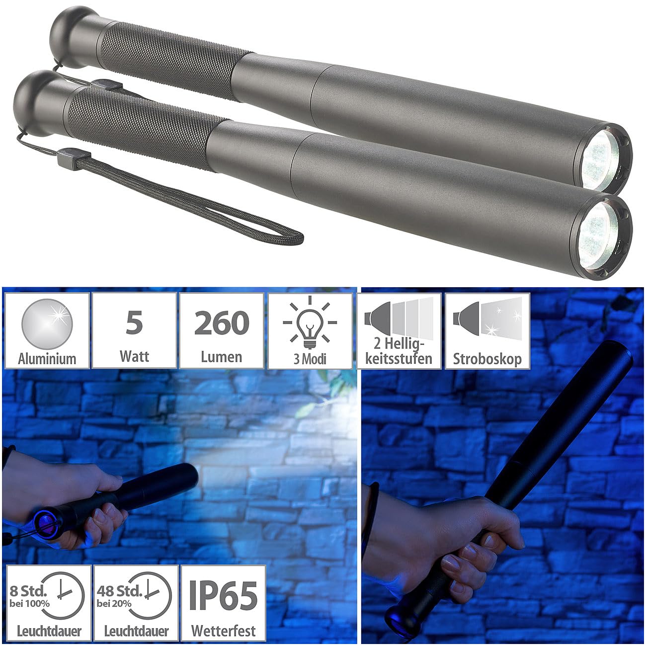 Lunartec Taschenlampen Baseball-Taschenlampe 2er-Set 260 lm