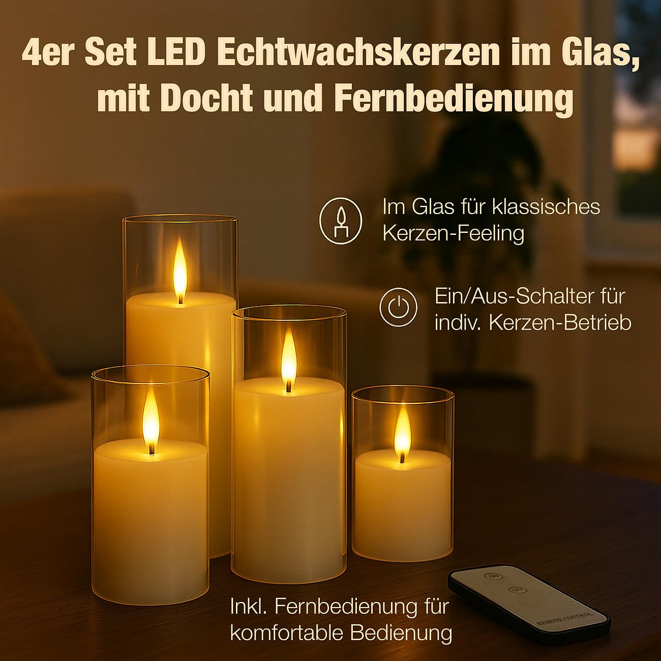Lunartec Licht-Dekoration LED-Echtwachskerzen 8er-Set im Glas weiß