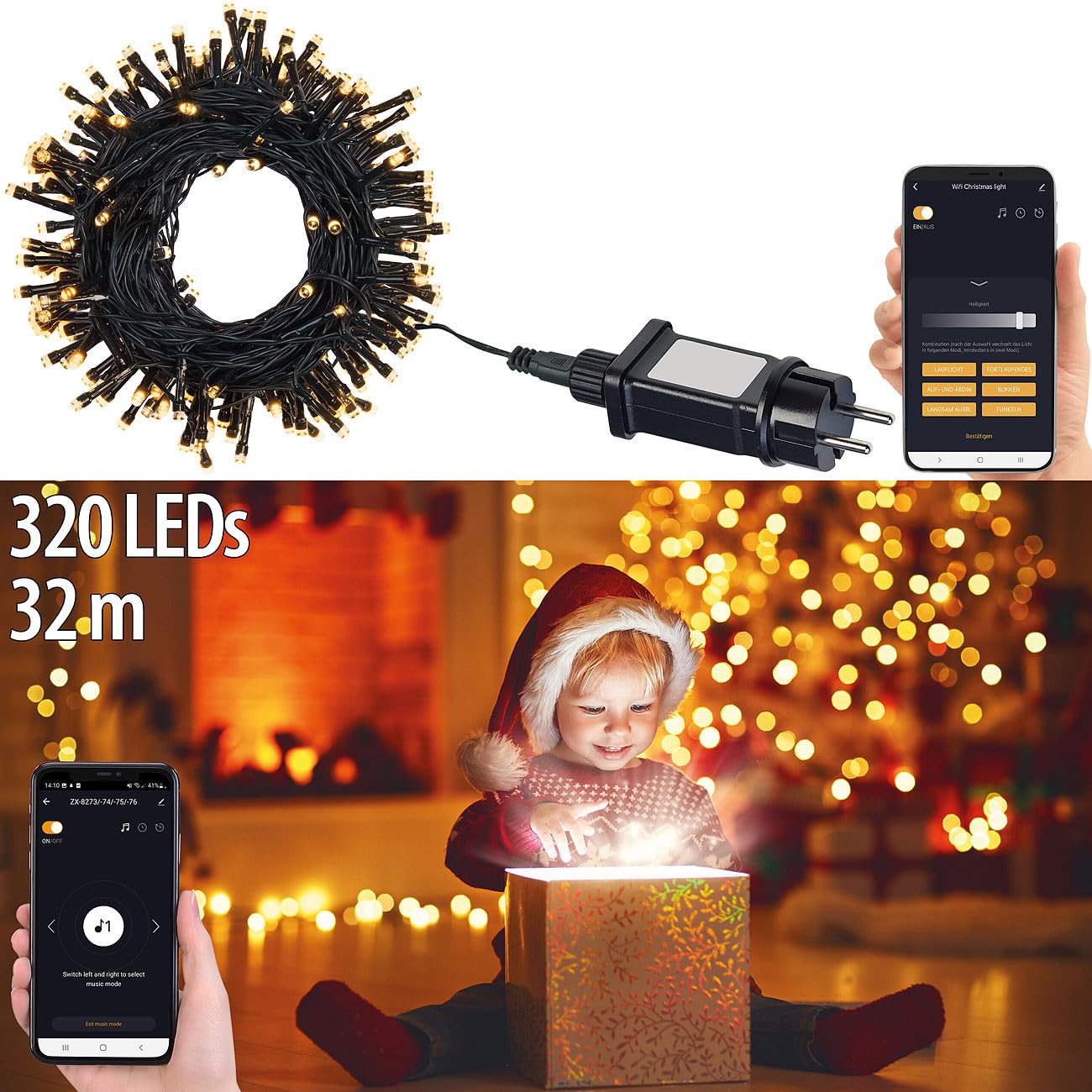 Lunartec Licht-Dekoration WLAN-Lichterkette 32m warmweiß 320 LEDs