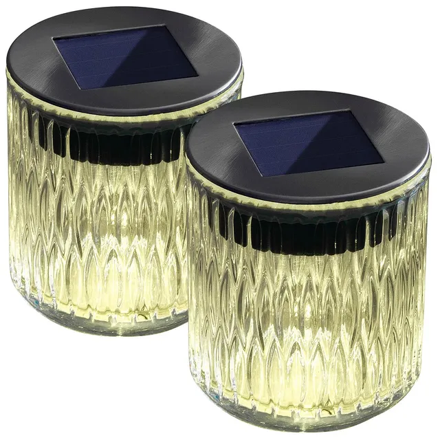 Lunartec Außenbeleuchtung Solar-Windlicht Echtglas warmweiß 2er-Set