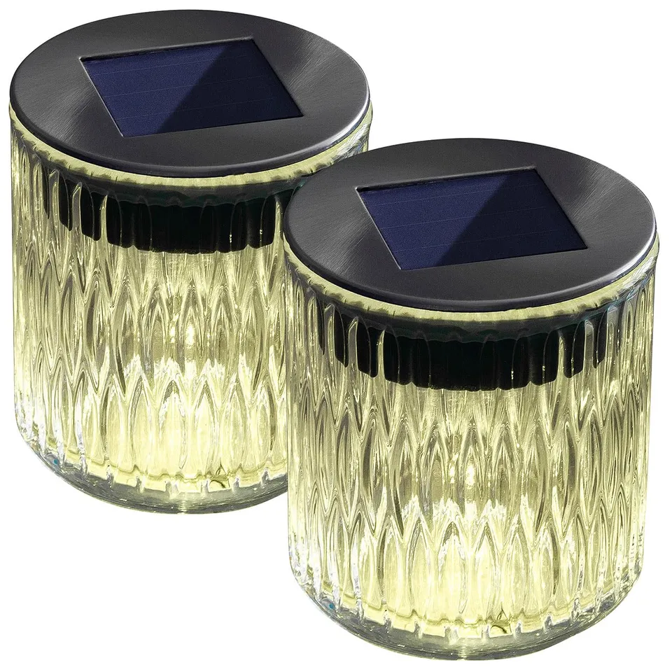 Lunartec Außenbeleuchtung Solar-Windlicht Echtglas warmweiß 2er-Set