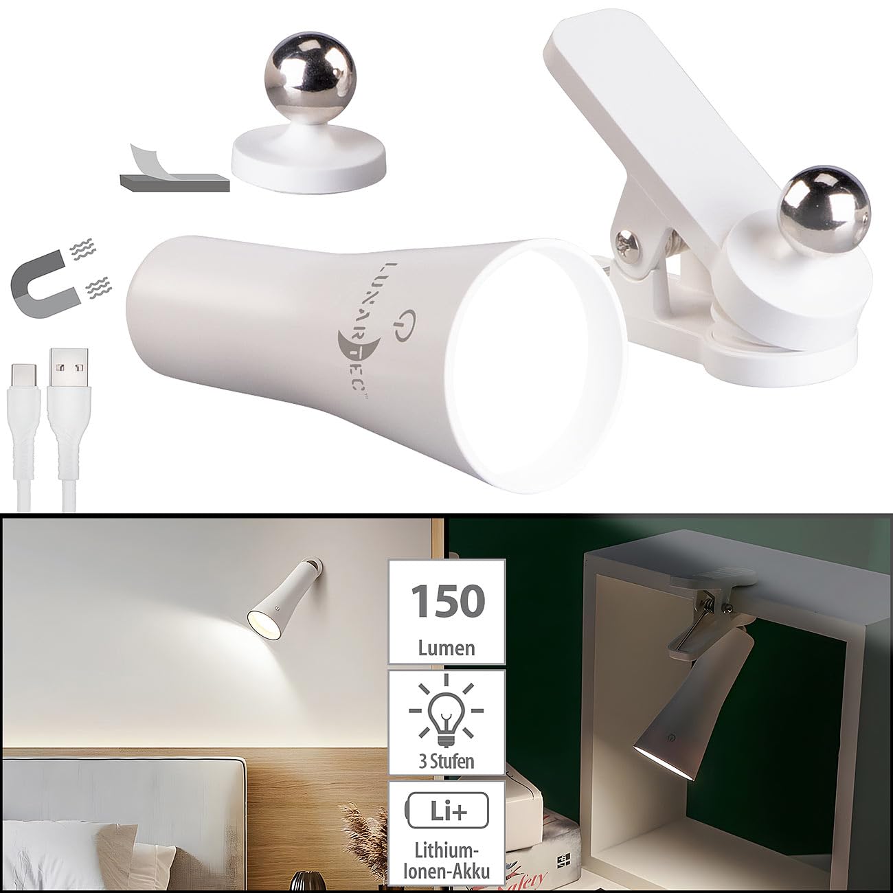 Lunartec 3in1 Akku-Taschenlampe weiß 150 Lumen