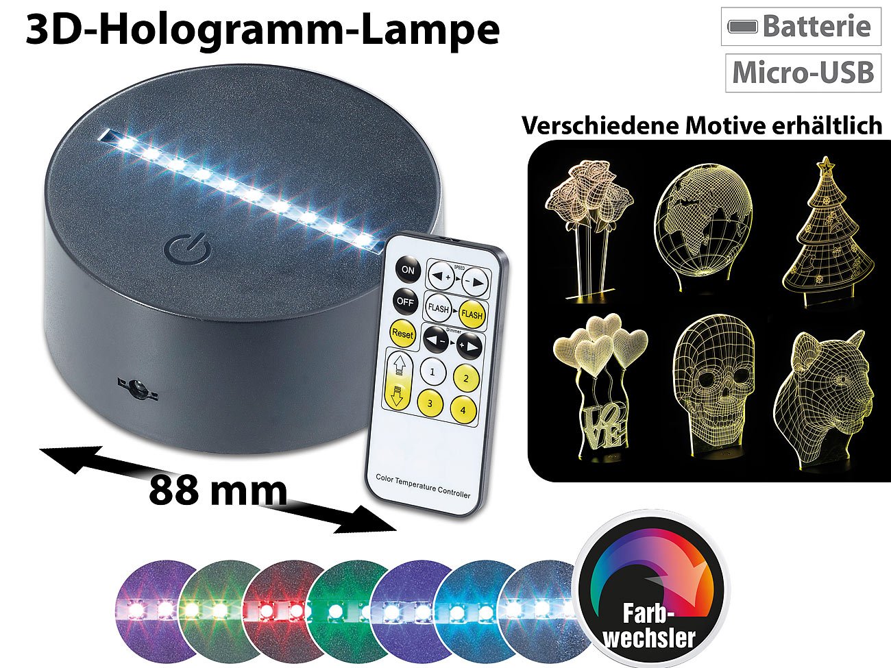 Lunartec Leuchtmittel LS-7.3D Lichtsockel 7-farbig USB