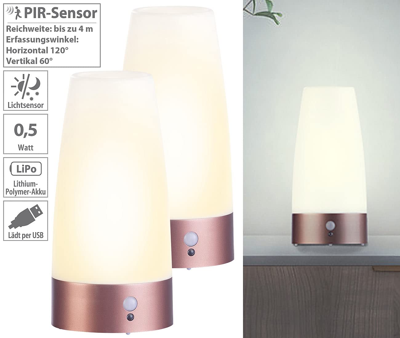 Lunartec Innenbeleuchtung LED Akku Tischlampe warmweiß PIR 2er-Set