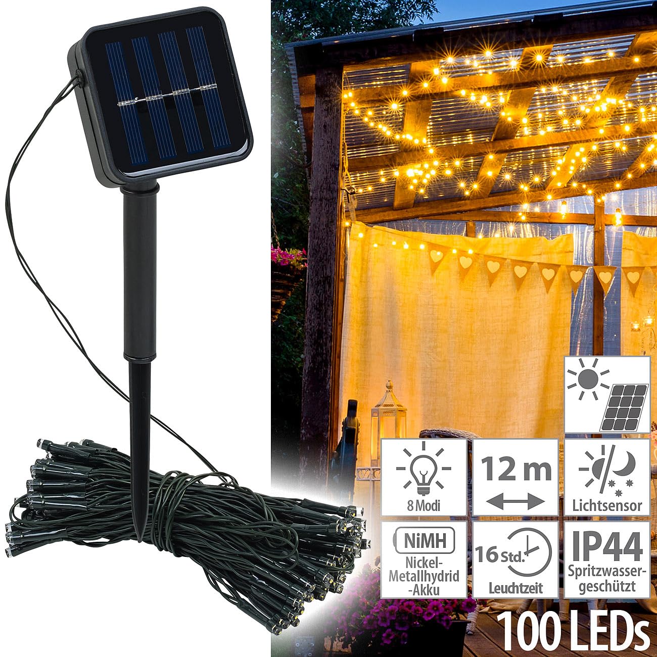 Lunartec Licht-Dekoration Solar-Lichterkette 12m warmweiß 100 LED
