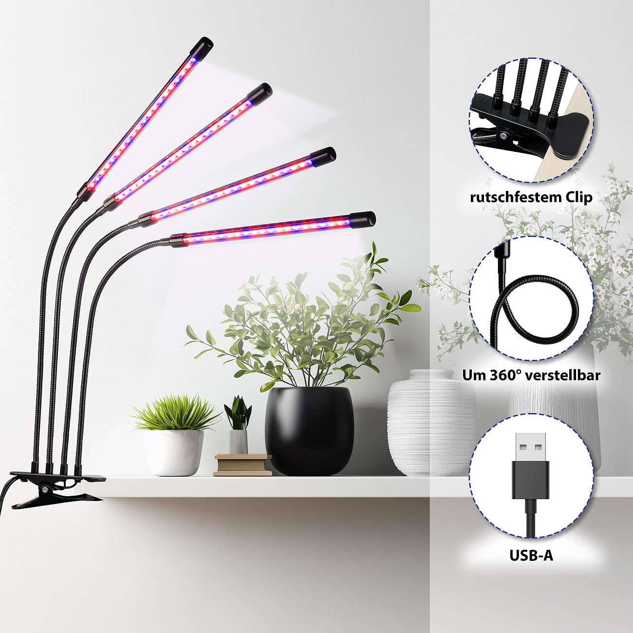Lunartec Leuchtmittel Pflanzenlampe 4 Schwanenhälse Timer