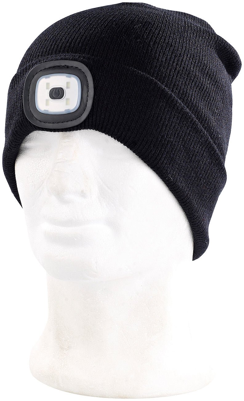 Lunartec LED Mütze Kinder schwarz Strickmütze mit Licht 4 LEDs
