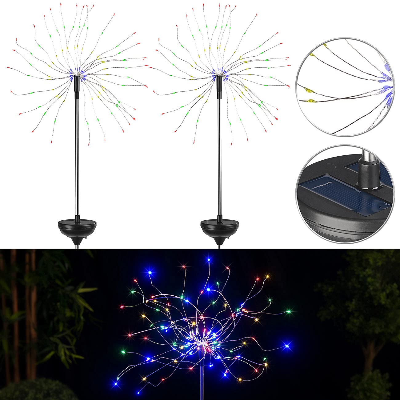 Lunartec Außenbeleuchtung Solar Feuerwerk Lichtdeko bunt 2er-Set 120 LEDs