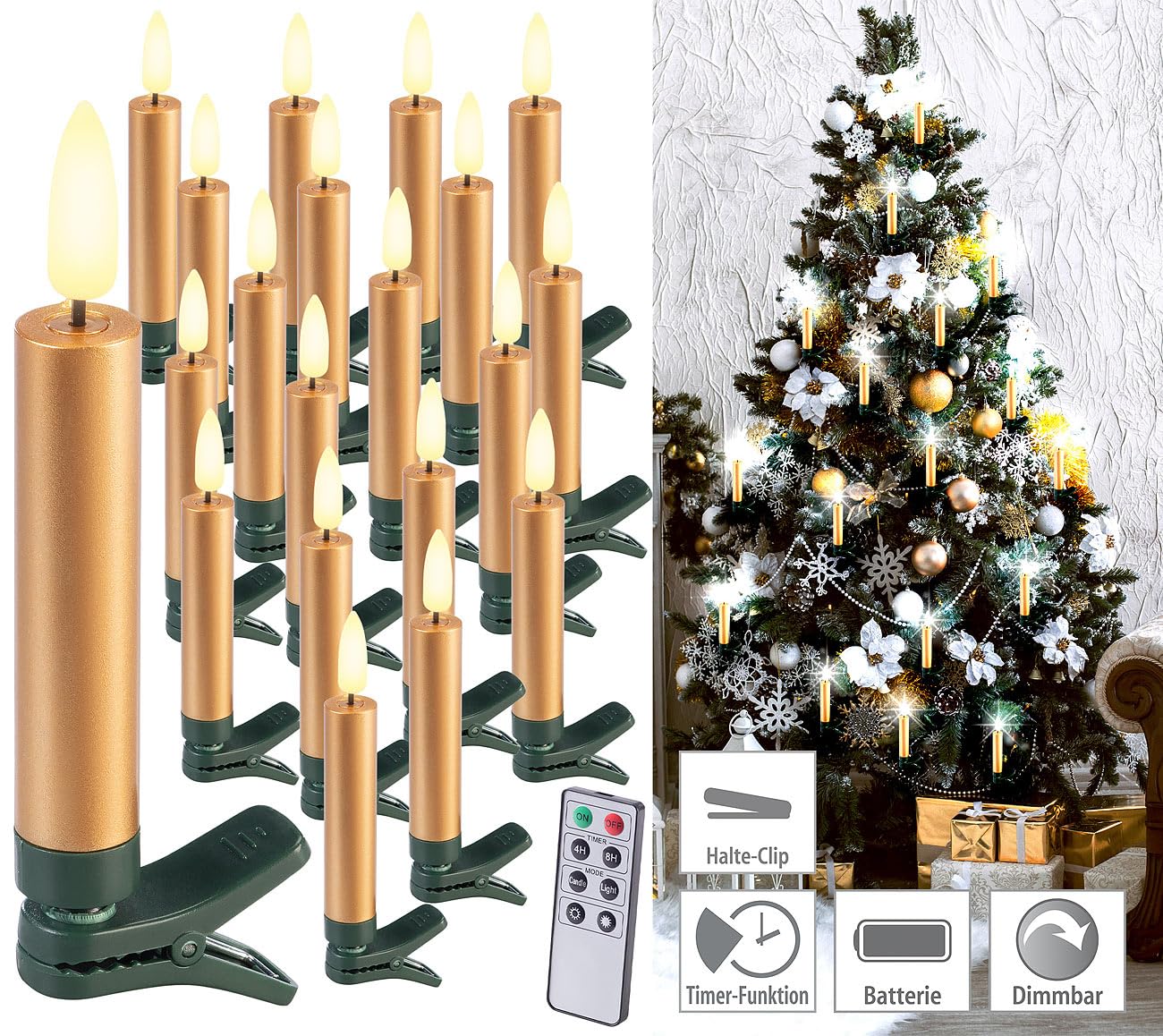 Lunartec LED-Weihnachtsbaumkerzen Gold 20er-Set