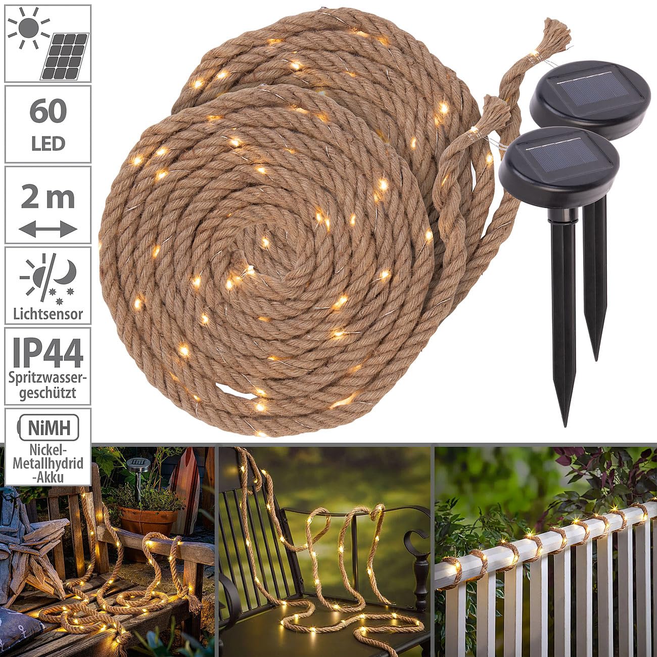 Lunartec Licht-Dekoration Solar-Seil-Lichterkette warmweiß 2m 2er-Set