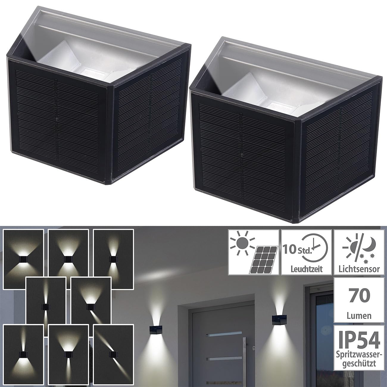 Lunartec Außenbeleuchtung Solar-Wandleuchten 2er-Set warmweiß