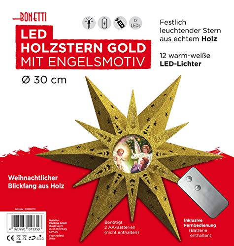 Bonetti Holzstern LED 30cm gold Glitzer Engel warmweiß