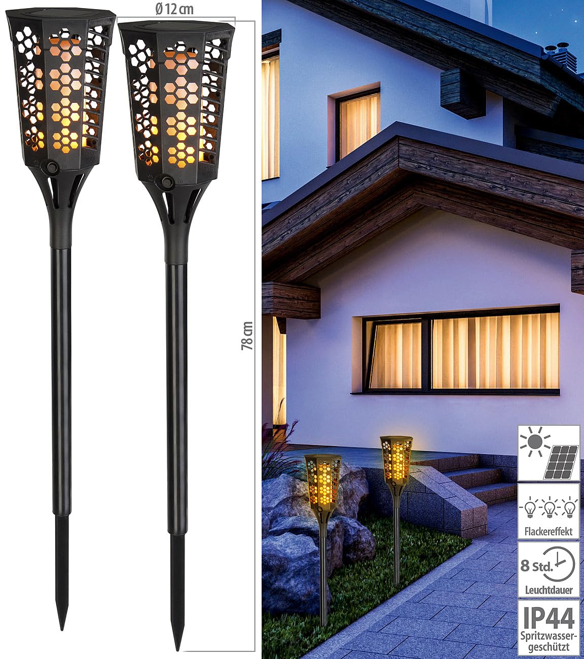 Lunartec LED-Gartenfackel Solar 2er-Set 78 cm Flammeneffekt