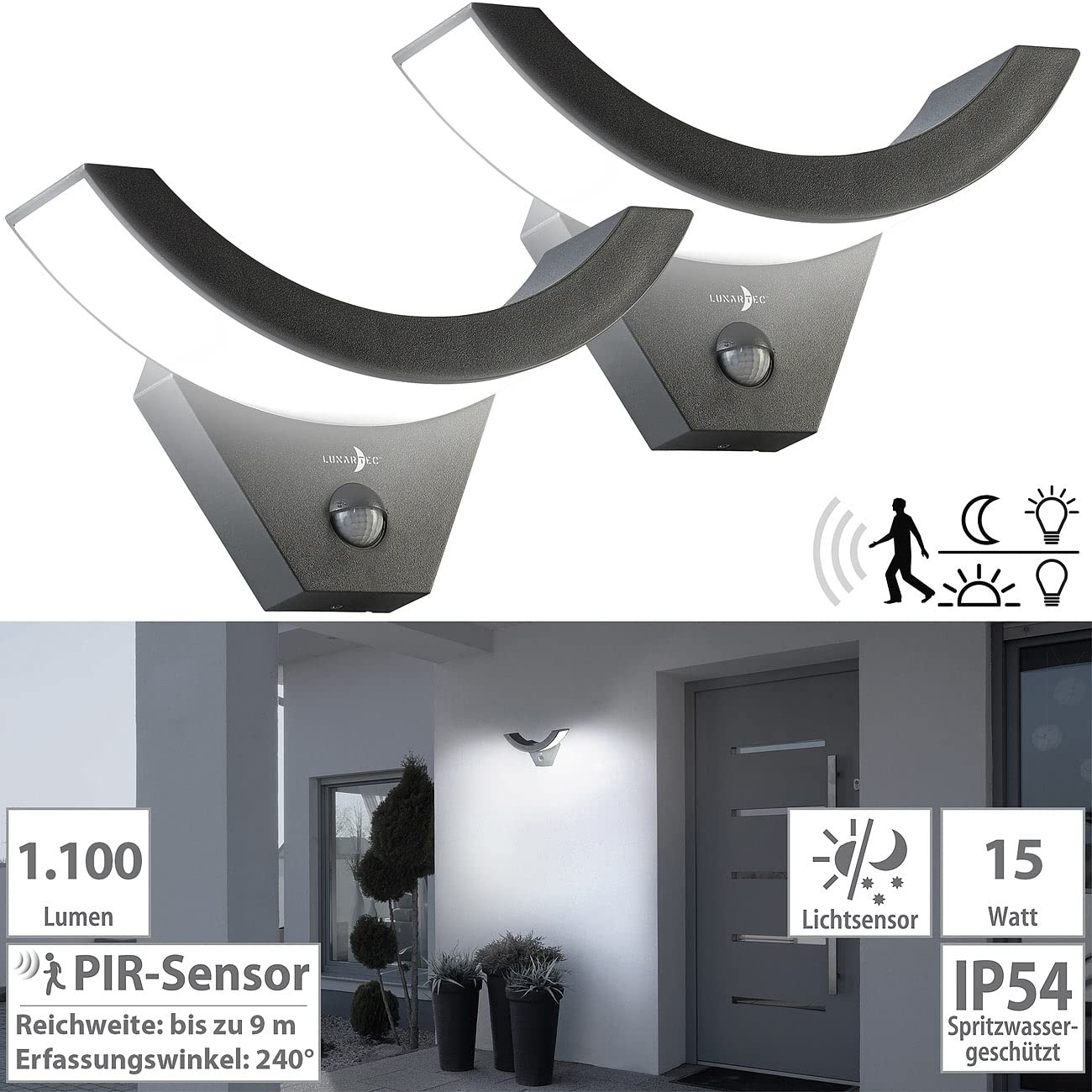 Lunartec Außenbeleuchtung LED-Wandleuchte 2er-Set PIR