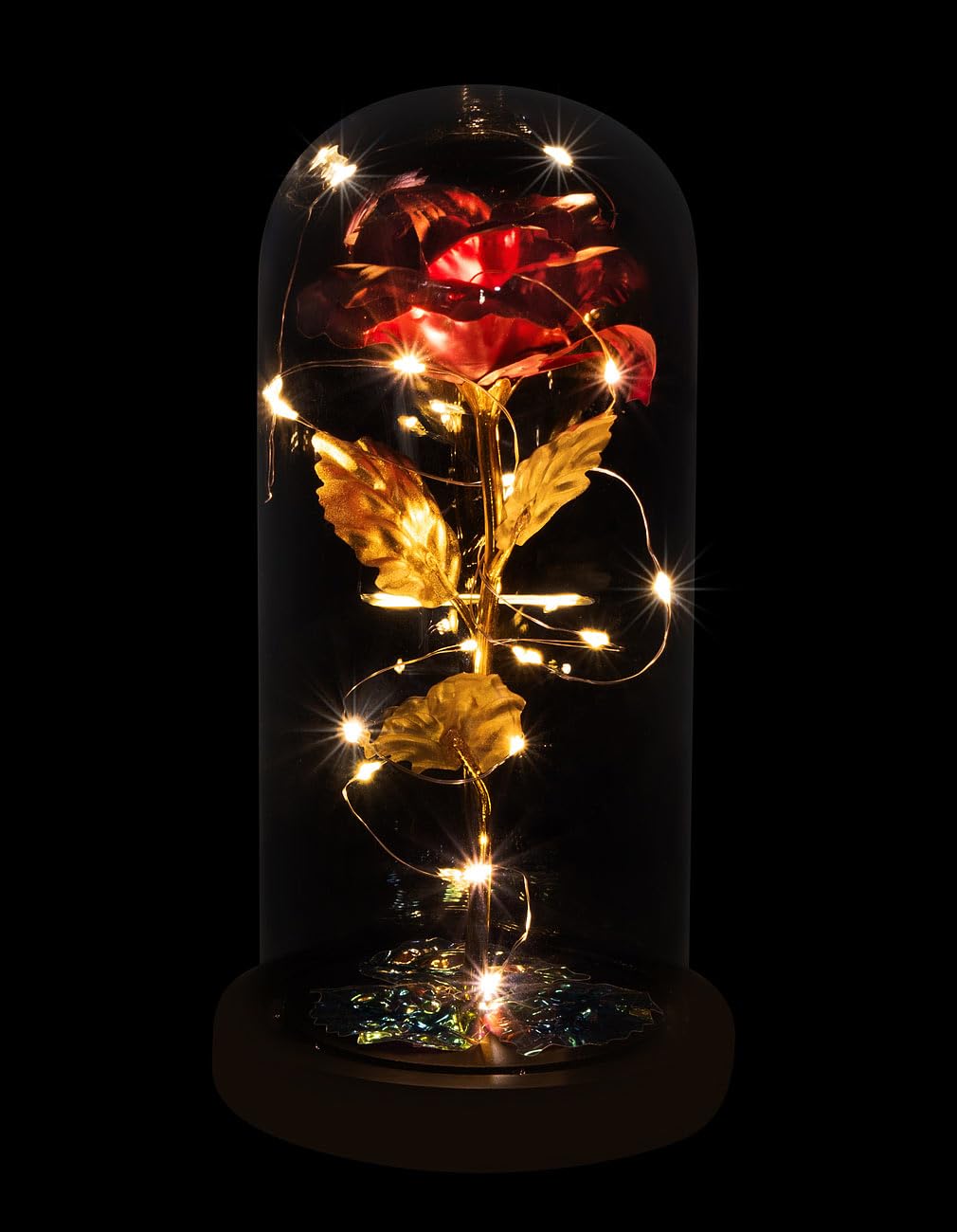 Lunartec Licht-Dekoration Goldene Rose unter Glas LED rot 21,5 cm