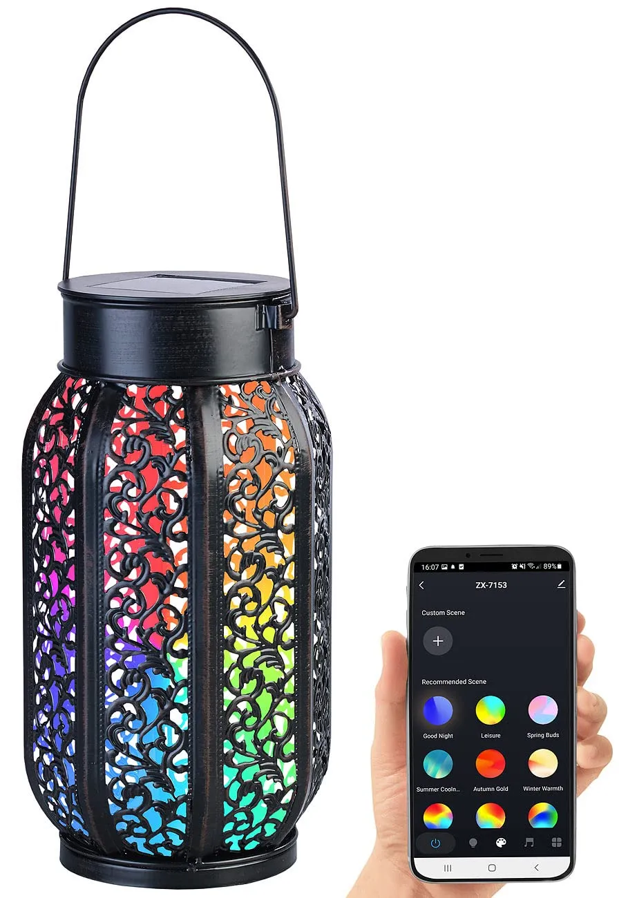Lunartec Außenbeleuchtung Solar-Laterne Metall RGB App IP44